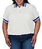 Ruby Rd. Plus Size Diamond Eyelet Textured Polo Collar Elbow Length Contrast Trim Top - Image 1