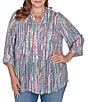 Ruby Rd. Plus Size Diamond Ikat Print Silky Soft Gauze Long Roll-Tab Sleeve Pintuck Detail Button-Down Blouse, Color:Mediterranean Blue Multi - Image 1