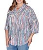Ruby Rd. Plus Size Diamond Ikat Print Silky Soft Gauze Long Roll-Tab Sleeve Pintuck Detail Button-Down Blouse, Color:Mediterranean Blue Multi - Image 4