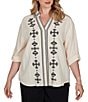 Ruby Rd. Plus Size Double Cotton Gauze Embroidered Point Collar 3/4 Roll-Tab Sleeve Button-Front Shirt - Image 1