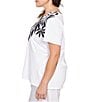 Ruby Rd. Plus Size Embellished Abstract Palm Print Crew Neck Short Sleeve T-Shirt, Color:White/Black - Image 3