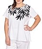 Ruby Rd. Plus Size Embellished Abstract Palm Print Crew Neck Short Sleeve T-Shirt, Color:White/Black - Image 4