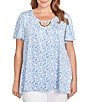 Ruby Rd. Plus Size Embellished Beaded Macrame Scoop Neck Short Sleeve Top, Color:Blue Sky/Multi - Image 1