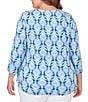 Color:Blue Moon Multi - Image 2 - Plus Size Embellished Foulard Print Split Round Neck 3/4 Sleeve Knit Top