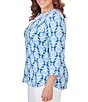 Color:Blue Moon Multi - Image 3 - Plus Size Embellished Foulard Print Split Round Neck 3/4 Sleeve Knit Top