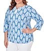 Color:Blue Moon Multi - Image 4 - Plus Size Embellished Foulard Print Split Round Neck 3/4 Sleeve Knit Top
