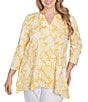 Ruby Rd. Plus Size Jacobean Paisley Puff Split V-Neck 3/4 Sleeve Top, Color:Lemon/White - Image 1