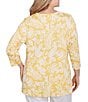 Ruby Rd. Plus Size Jacobean Paisley Puff Split V-Neck 3/4 Sleeve Top, Color:Lemon/White - Image 2