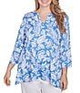 Ruby Rd. Plus Size Jacobean Paisley Puff Split V-Neck 3/4 Sleeve Top, Color:Bluebird/White - Image 1