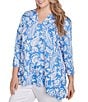 Ruby Rd. Plus Size Jacobean Paisley Puff Split V-Neck 3/4 Sleeve Top, Color:Bluebird/White - Image 4