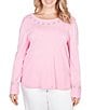 Ruby Rd. Plus Size Embellished Sparkle Crew Neck Long Sleeve Knit Sweater, Color:Pink - Image 1