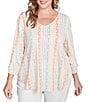 Ruby Rd. Plus Size Stripe Floral Puff Print V-Neck 3/4 Bell Sleeve Top, Color:Peach Multi - Image 1