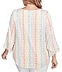 Ruby Rd. Plus Size Stripe Floral Puff Print V-Neck 3/4 Bell Sleeve Top, Color:Peach Multi - Image 2