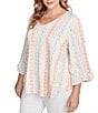 Ruby Rd. Plus Size Stripe Floral Puff Print V-Neck 3/4 Bell Sleeve Top, Color:Peach Multi - Image 4