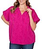 Ruby Rd. Plus Size Embossed Gauze Woven Paisley Spread Collar Short Rolled Sleeves Top - Image 1