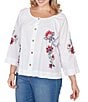 Ruby Rd. Plus Size Embroidered Floral Scoop Neck 3/4 Sleeve Button-Front Blouse - Image 3
