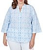 Color:Atlantic Multi - Image 1 - Plus Size Embroidered Mandarin Collar 3/4 Sleeve Button-Front Cotton Blouse