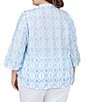 Color:Atlantic Multi - Image 2 - Plus Size Embroidered Mandarin Collar 3/4 Sleeve Button-Front Cotton Blouse