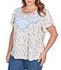 Ruby Rd. Plus Size Embroidered Printed Sweetheart Neck Short Tulip Sleeve Top, Color:Jute Multi - Image 4