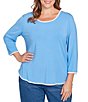 Ruby Rd. Plus Size Embroidered Scoop Neck 3/4 Sleeve Soft Jersey Knit Top, Color:Bluebell - Image 1