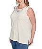 Ruby Rd. Plus Size Embroidered Soft Jersey Knit Embellished Crew Neck Sleeveless Top, Color:Canvas - Image 4