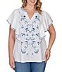 Ruby Rd. Plus Size Embroidered Split V-Neck Short Flutter Sleeve Top - Image 1