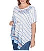 Ruby Rd. Plus Size Embroidered Stripe Scoop Neck Short Sleeve Asymmetric Hem Knit Top, Color:Blue Sky/Muti - Image 4