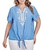 Ruby Rd. Plus Size Embroidered Stripe Split V-Neck Short Sleeve Tie-Front Top, Color:French Blue/White - Image 1