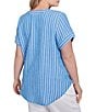 Ruby Rd. Plus Size Embroidered Stripe Split V-Neck Short Sleeve Tie-Front Top, Color:French Blue/White - Image 2