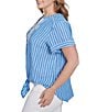 Ruby Rd. Plus Size Embroidered Stripe Split V-Neck Short Sleeve Tie-Front Top, Color:French Blue/White - Image 3