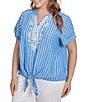 Ruby Rd. Plus Size Embroidered Stripe Split V-Neck Short Sleeve Tie-Front Top, Color:French Blue/White - Image 4