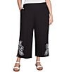 Ruby Rd. Plus Size Embroidered Tropical Fern Wide Leg Pull-On Cropped Pants, Color:Black - Image 1