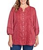 Ruby Rd. Plus Size Embroidered Twill Banded Collar 3/4 Sleeve Button-Front Shirt, Color:Sangria - Image 1