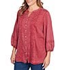 Ruby Rd. Plus Size Embroidered Twill Banded Collar 3/4 Sleeve Button-Front Shirt, Color:Sangria - Image 4
