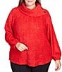 Color:Lipstick Multi - Image 1 - Plus Size Eyelash Cable Knit Split Cowl Neck Long Puff Sleeve Sweater