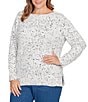 Ruby Rd. Plus Size Eyelash Yarn Speckled Crew Neck Long Sleeve Sweater, Color:Ivory/Black - Image 4