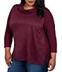 Ruby Rd. Plus Size Faux Suede Hatchi Knit Cowl Neck 3/4 Sleeve Top - Image 3