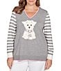 Ruby Rd. Plus Size Fine-Gauge Knit V-Neck Long Stripe Sleeve Maltese Sweater, Color:Grey Multi - Image 1