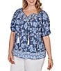 Ruby Rd. Plus Size Floral Border Print Split V-Neck Short Sleeve Tassel Tie Top - Image 1