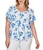 Ruby Rd. Plus Size Floral Clip Dot Eyelet V-Neck Short Flutter Sleeve Top - Image 1