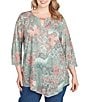 Ruby Rd. Plus Size Floral Patchwork Beaded Keyhole Neck 3/4 Sleeve Asymmetric Hem Knit Top, Color:Loden Multi - Image 1