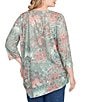 Ruby Rd. Plus Size Floral Patchwork Beaded Keyhole Neck 3/4 Sleeve Asymmetric Hem Knit Top, Color:Loden Multi - Image 2