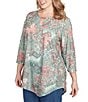 Ruby Rd. Plus Size Floral Patchwork Beaded Keyhole Neck 3/4 Sleeve Asymmetric Hem Knit Top, Color:Loden Multi - Image 4