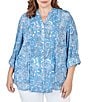 Color:Blue Light Combo Multi - Image 1 - Plus Size Floral Print Band Notch V-Neck Roll-Tab Sleeve Pleat Button-Front Blouse