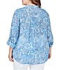 Color:Blue Light Combo Multi - Image 2 - Plus Size Floral Print Band Notch V-Neck Roll-Tab Sleeve Pleat Button-Front Blouse