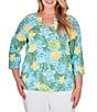 Color:Aruba Multi - Image 1 - Plus Size Floral Print Knit Embellished 3/4 Sleeve Horseshoe Neck Top