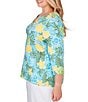 Color:Aruba Multi - Image 3 - Plus Size Floral Print Knit Embellished 3/4 Sleeve Horseshoe Neck Top