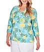 Color:Aruba Multi - Image 4 - Plus Size Floral Print Knit Embellished 3/4 Sleeve Horseshoe Neck Top