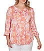 Ruby Rd. Plus Size Floral Scoop Neck 3/4 Ruffle Trim Sleeve Top - Image 1