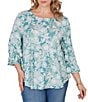 Ruby Rd. Plus Size Floral Scoop Neck 3/4 Ruffle Trim Sleeve Top - Image 1
